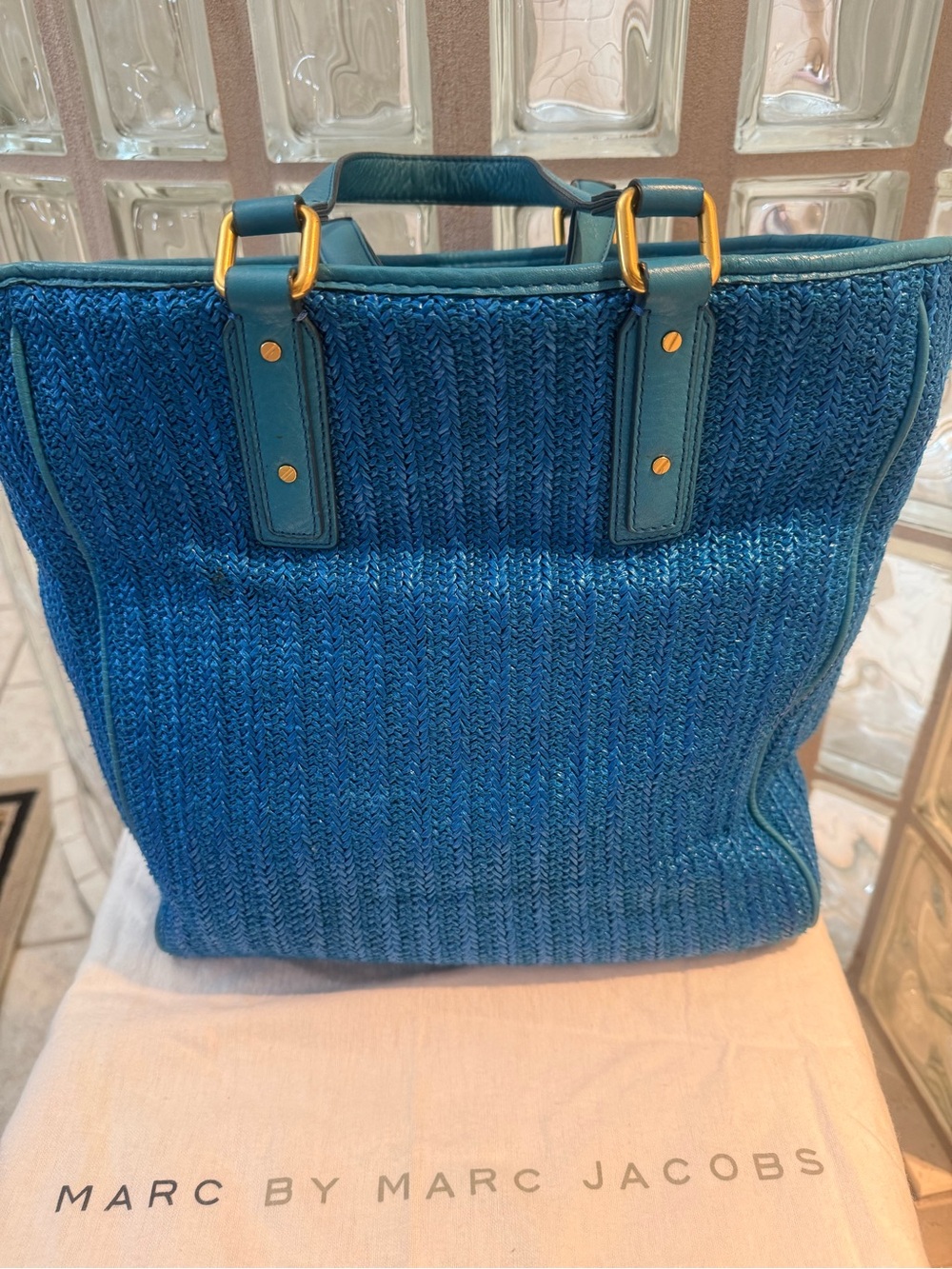 Marc by Marc Jacobs Hayley Straw/Leather Teal Blue Tote with Front Flap Pocket - Picture 6 of 17